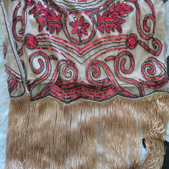 Unique Vintage 1920s Pink Beaded Yvette Fringe Cocktail Dress - L/10-12 - Picture 3 of 5